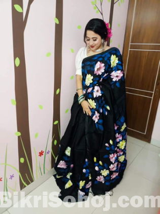 Half Silk Saree With Hand Print